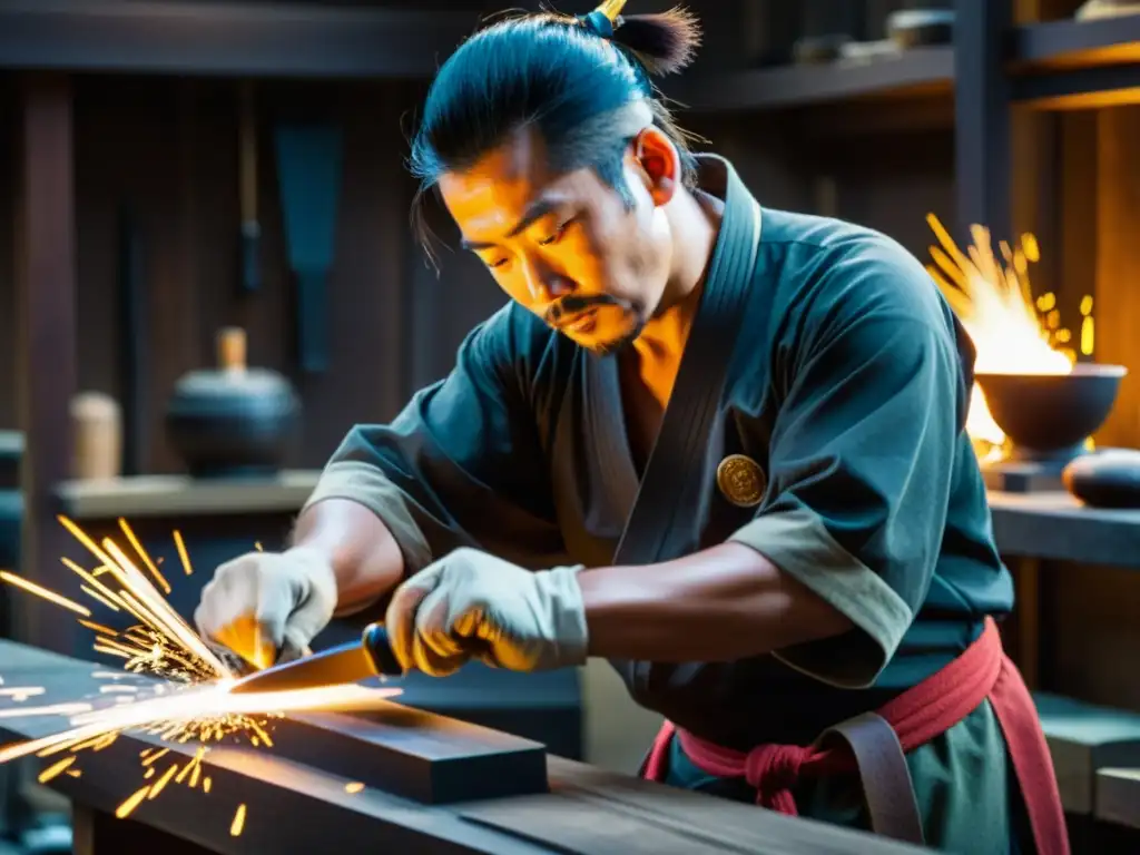 Un hábil espadero japonés martillea una espada samurái antigua en su taller tradicional, creando una escena cautivadora