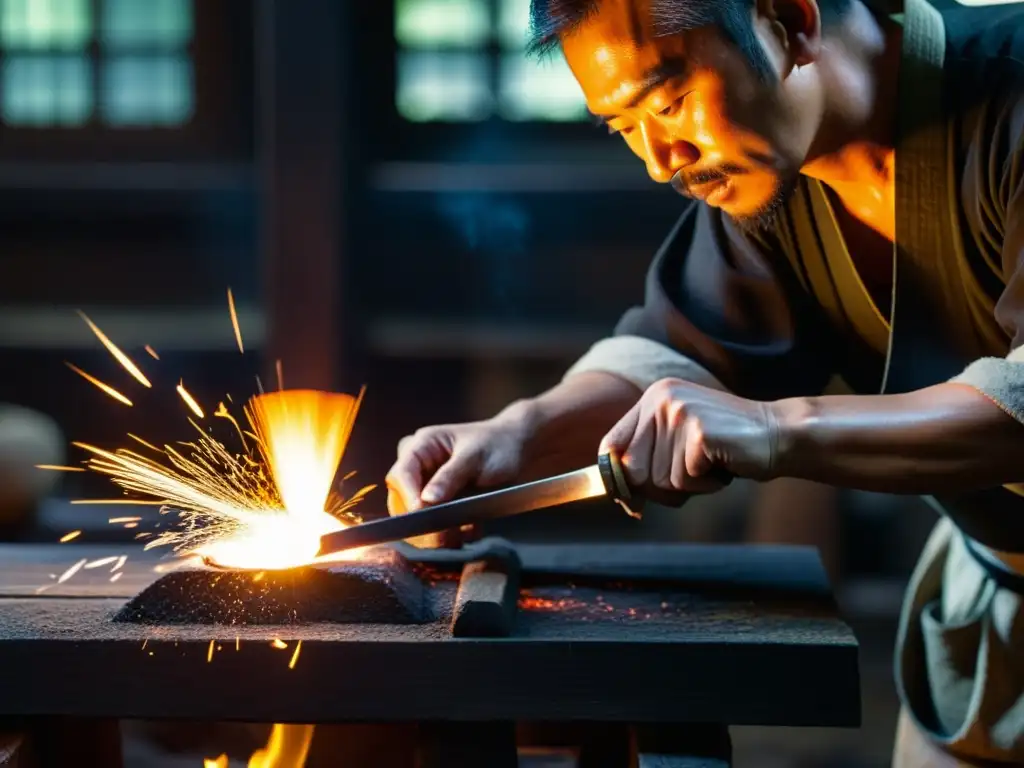 Un hábil espadero japonés tempera una hoja de katana en su taller, evocando el espíritu ancestral de los métodos de templado