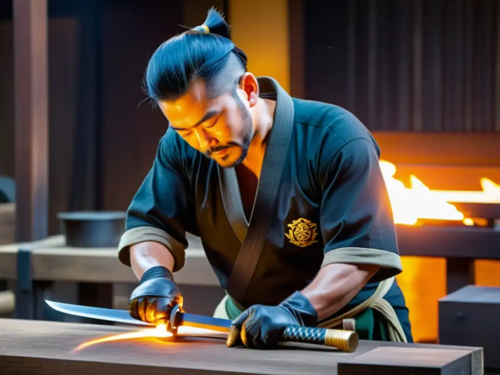 Un hábil espadero forja una tradicional katana japonesa en el resplandor de la fragua, con patrones de calor y metal visibles en la hoja, destacando el arte de forjar katanas samurái