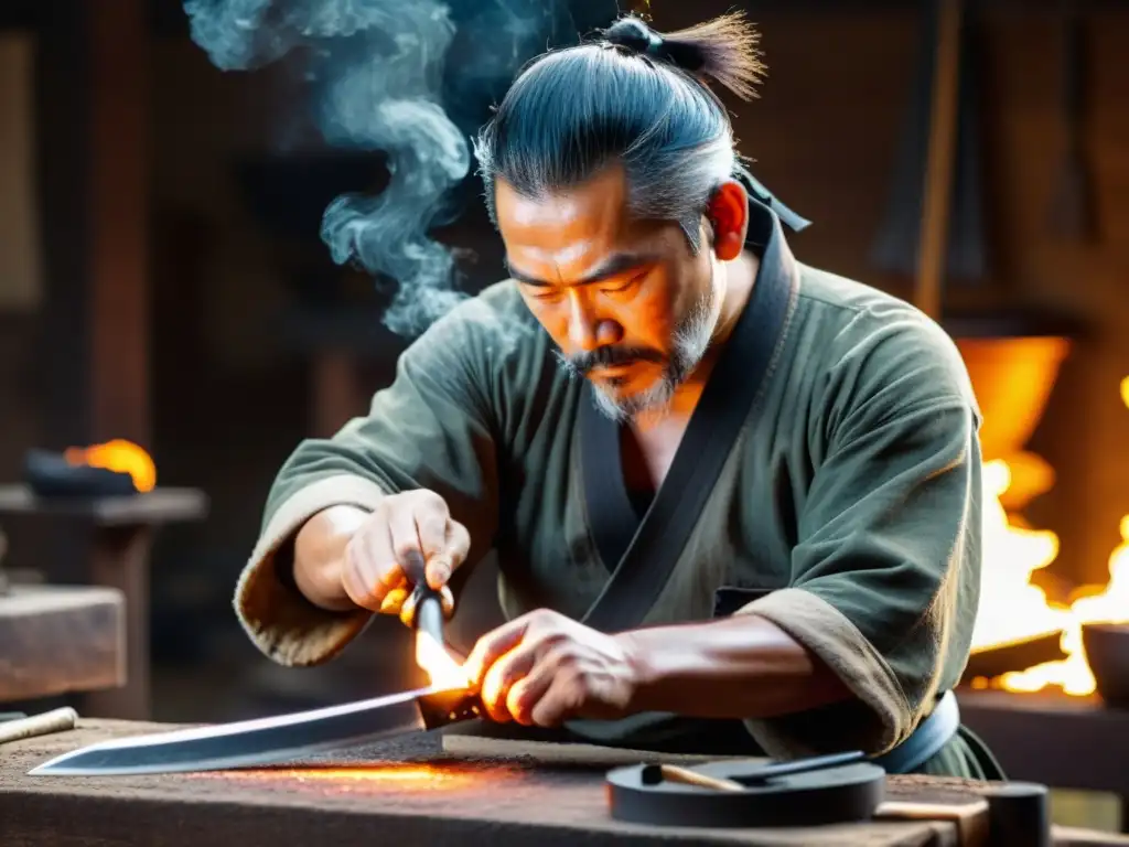 Un hábil forjador restaura una antigua katana, mostrando la artesanía en la restauración de katanas antiguas