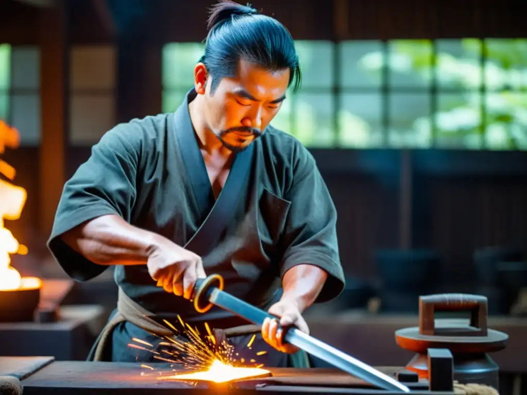 Un hábil forjador de espadas trabaja el acero al rojo vivo, creando una katana única en su taller