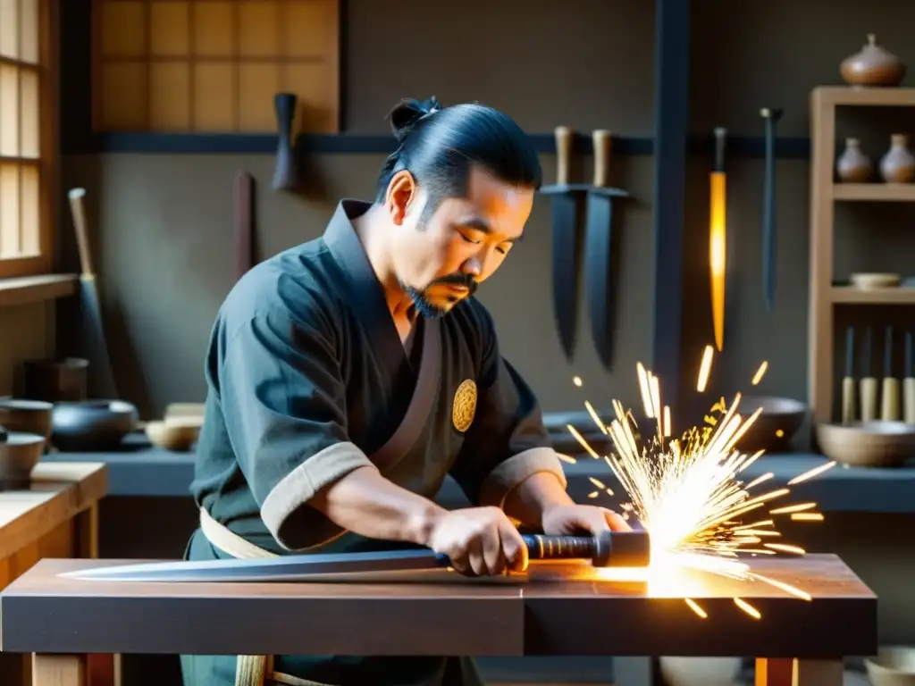 Un hábil forjador de espadas japonesas moldea con precisión el Tanto, rodeado de herramientas tradicionales