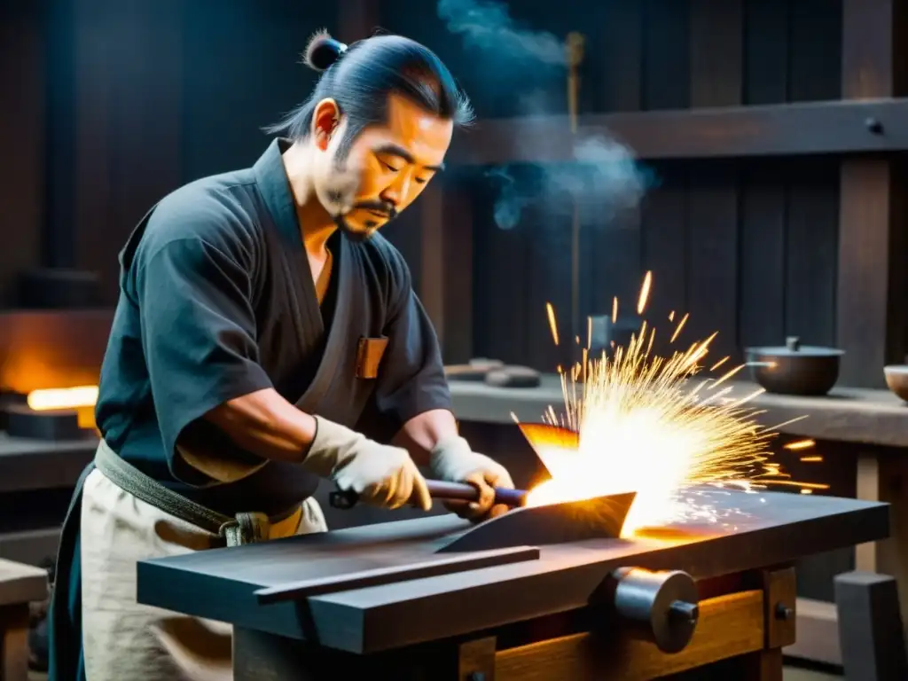 Un hábil forjador de espadas japonesas crea una katana en su taller, fusionando arte y destreza en el arte milenario forjado katanas