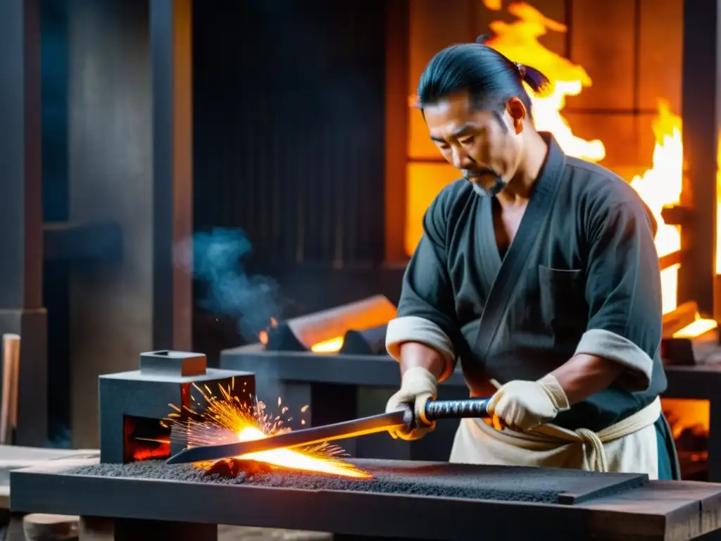 Un hábil forjador de espadas japonesas en su taller, creando una katana con la tradicional técnica de la forja tradicional japonesa