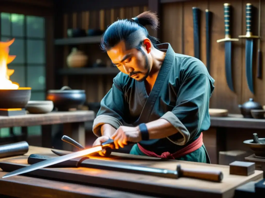 Un hábil forjador de espadas samurái crea réplicas de calidad en su taller, evocando la tradición y la historia