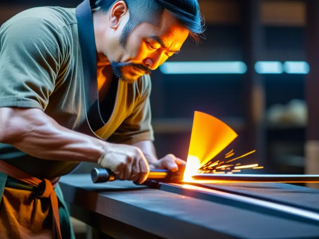 Un hábil forjador de espadas samurái moldea con precisión y destreza capas de acero incandescente, creando una auténtica obra de arte en su taller