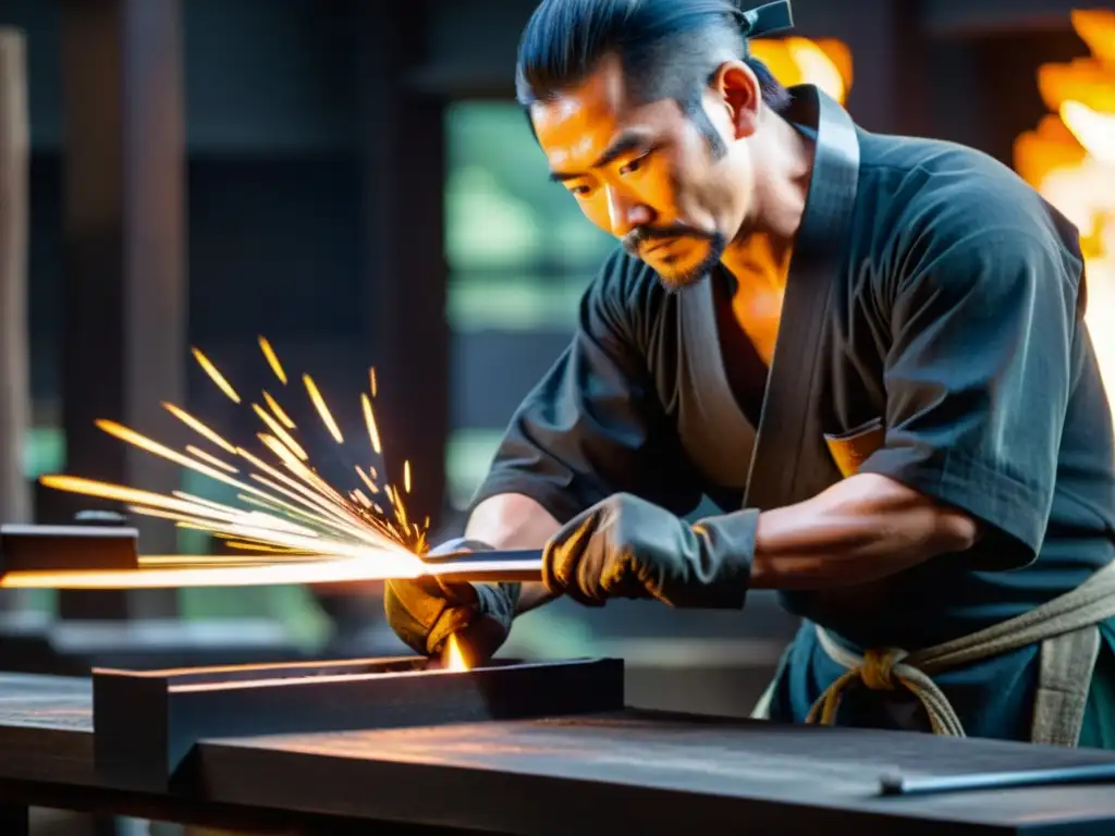 Un hábil forjador japonés de espadas samurái plegando cuidadosamente capas de acero ardiente, capturando la autenticidad y técnica