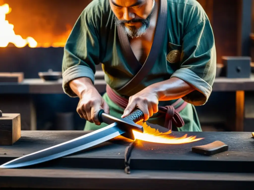 Un hábil forjador japonés da forma a una espada Wakizashi, evocando la transmisión del legado de la espada samurái con su artesanía atemporal