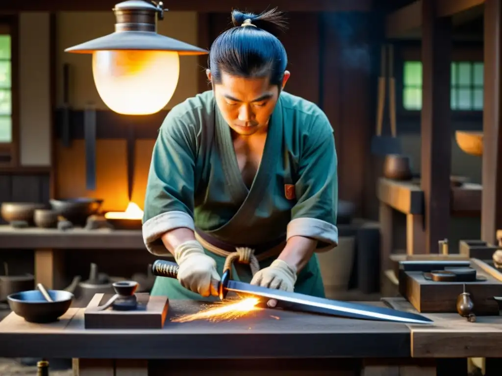 Un hábil forjador japonés creando una katana con herramientas tradicionales