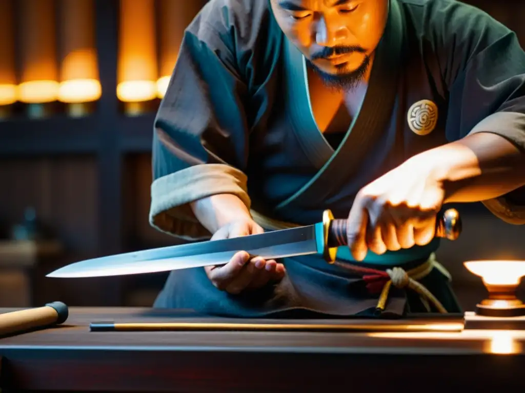 Un hábil forjador japonés de katanas puliendo con esmero una katana, reflejando la cálida luz del taller