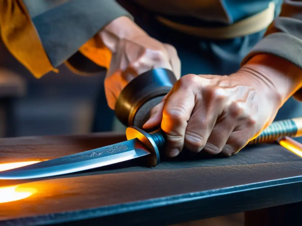 Un hábil forjador japonés talla inscripciones en una hoja de Wakizashi, iluminado por el resplandor suave del horno