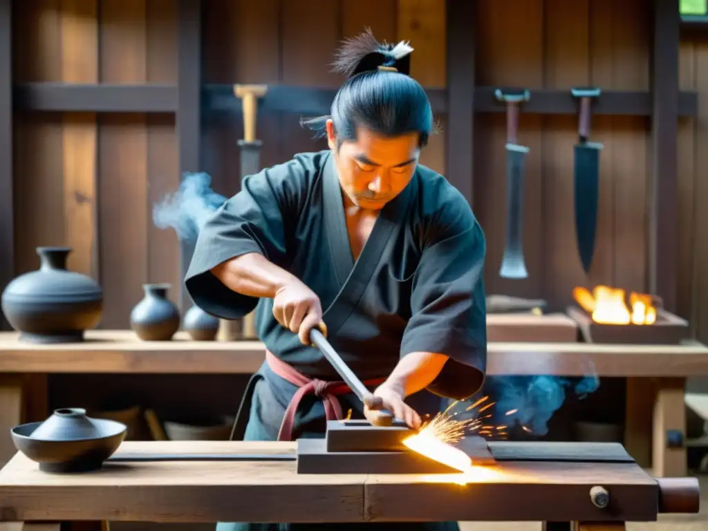 Un hábil forjador de katanas samurái trabaja con devoción en su taller, creando arte de forjar katanas samurái con destreza ancestral