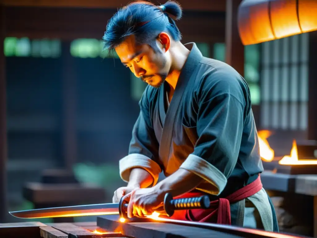 Un hábil forjador de katanas da forma al acero incandescente en su antiguo taller, capturando el arte milenario forjado katanas