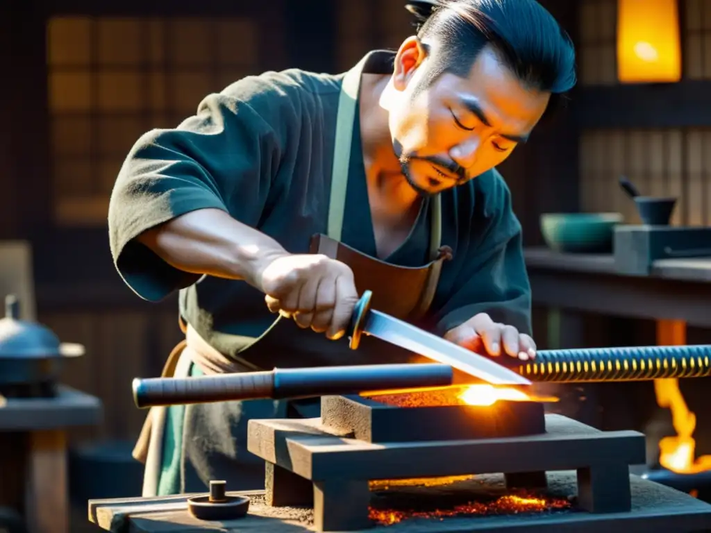 Un hábil forjador de katanas derritiendo y moldeando metal, rodeado de herramientas y materiales antiguos