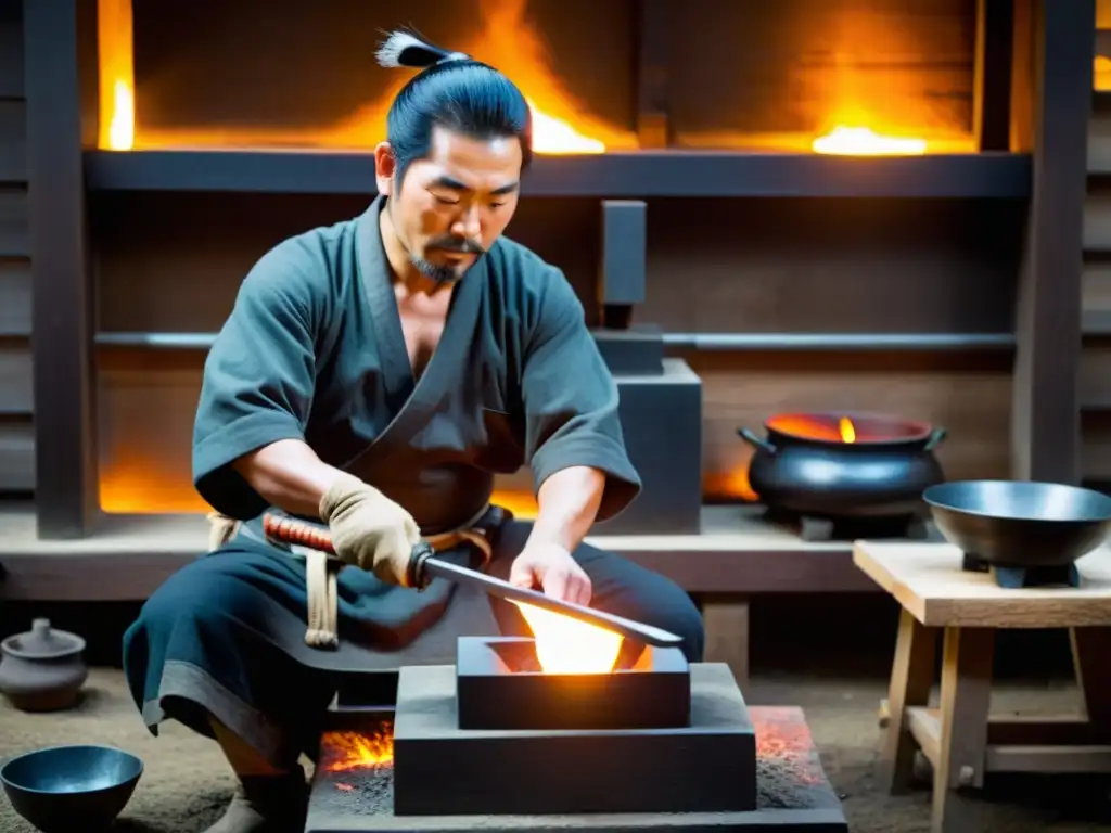 Un hábil forjador de katanas samuráis en su taller tradicional, iluminado por el brillo intenso de la fragua