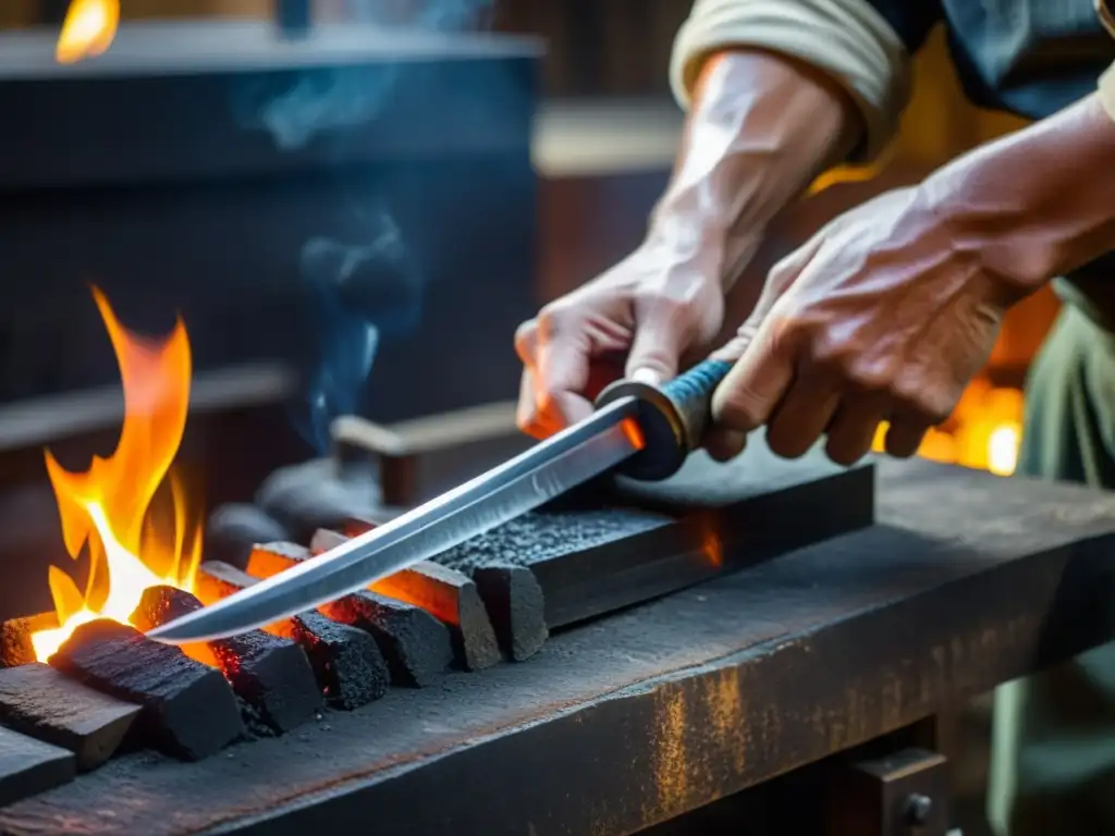 Un hábil herrero japonés calienta con cuidado la hoja de una katana en una fragua de carbón, haciendo que el metal brille de un naranja ardiente