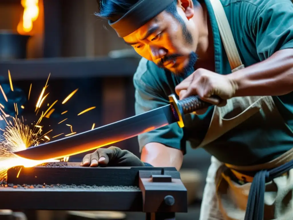 Un hábil herrero japonés forja meticulosamente una espada wakizashi, con chispas volando mientras golpea la ardiente hoja