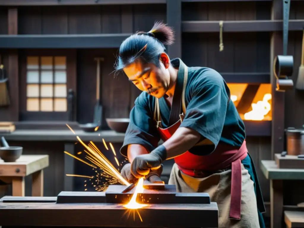 Un hábil herrero japonés forja espadas samurái en su taller, rodeado de herramientas antiguas