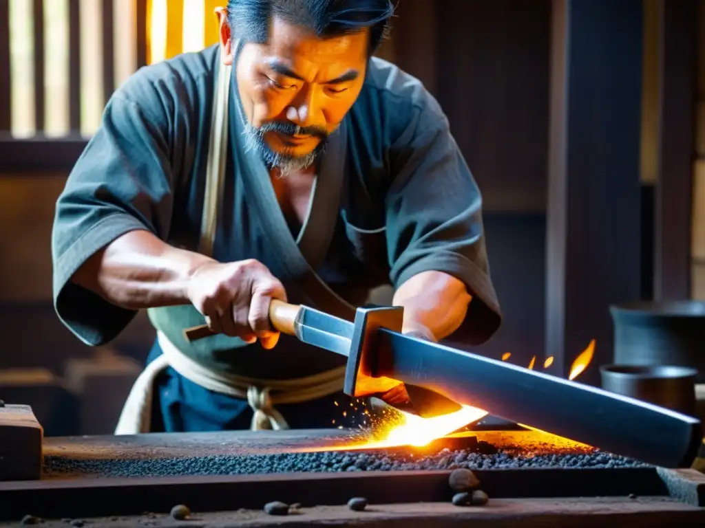 Un hábil herrero japonés forja con precisión el acero fundido para crear la hoja de un Tanto samurái