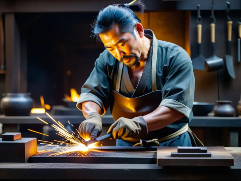 Un hábil herrero japonés forja una armadura de samurái en su taller tradicional, mostrando destreza y concentración