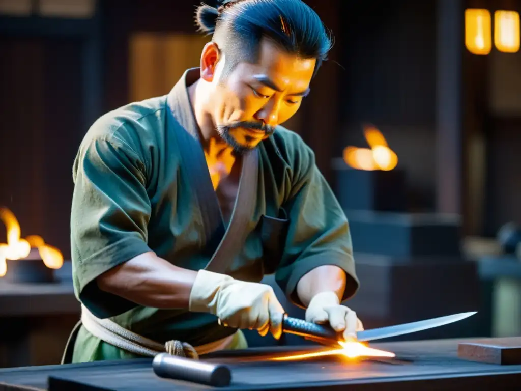 Un hábil herrero japonés forja con precisión y arte una espada katana, transmitiendo equilibrio, flexibilidad y dureza en su creación