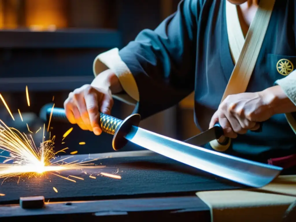 Un hábil herrero japonés contemporáneo forja una espada katana, con chispas volando mientras da forma al metal con precisión