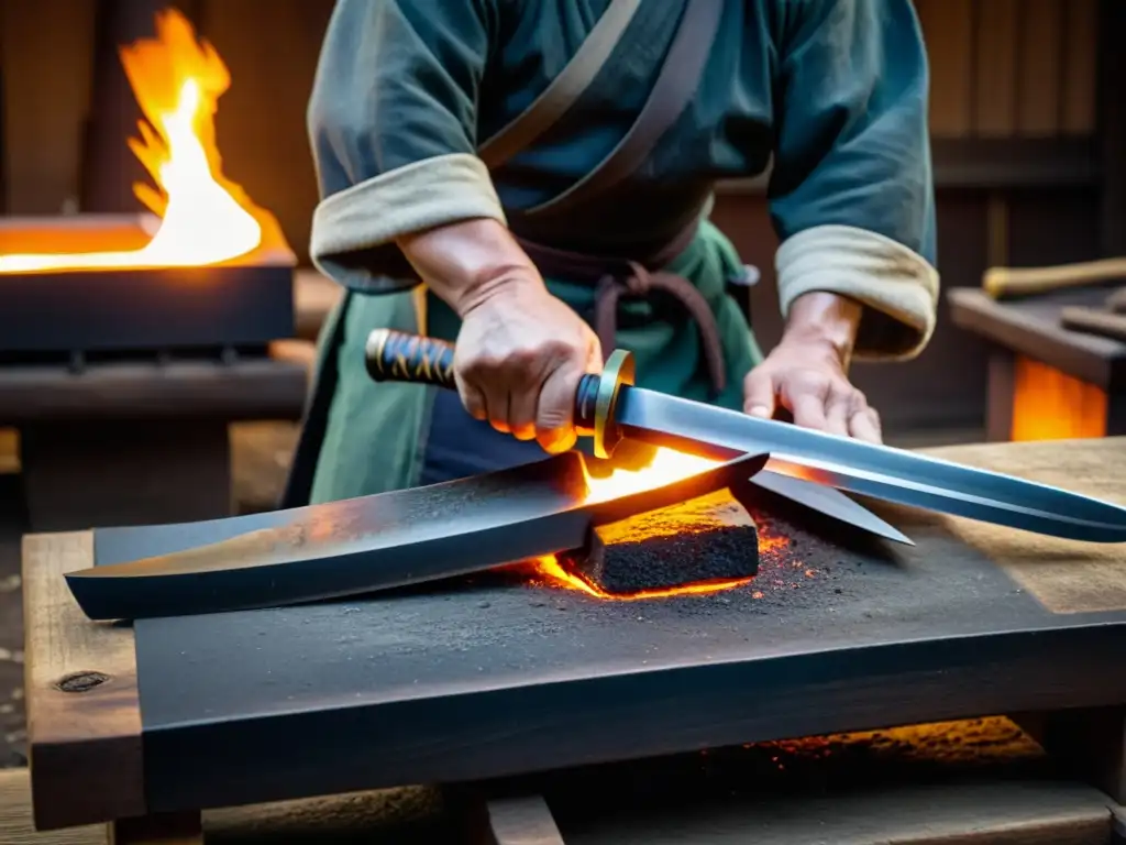 Un hábil herrero japonés forja con cuidado una espada katana, inmerso en la tradición ancestral