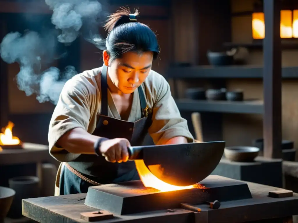 Un hábil herrero japonés forja con dedicación una espada samurái en su taller, creando una atmósfera de tradición y destreza