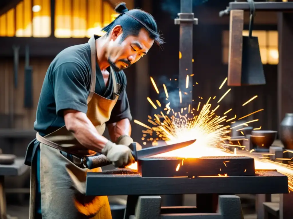 Un hábil herrero japonés forja una espada samurái con técnicas de fabricación de armadura samurái, en medio de chispas y calor intenso