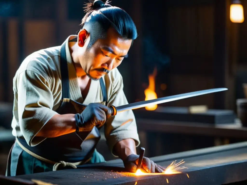 Un hábil herrero japonés forja una espada katana en su taller, con sudor en la frente y manos curtidas