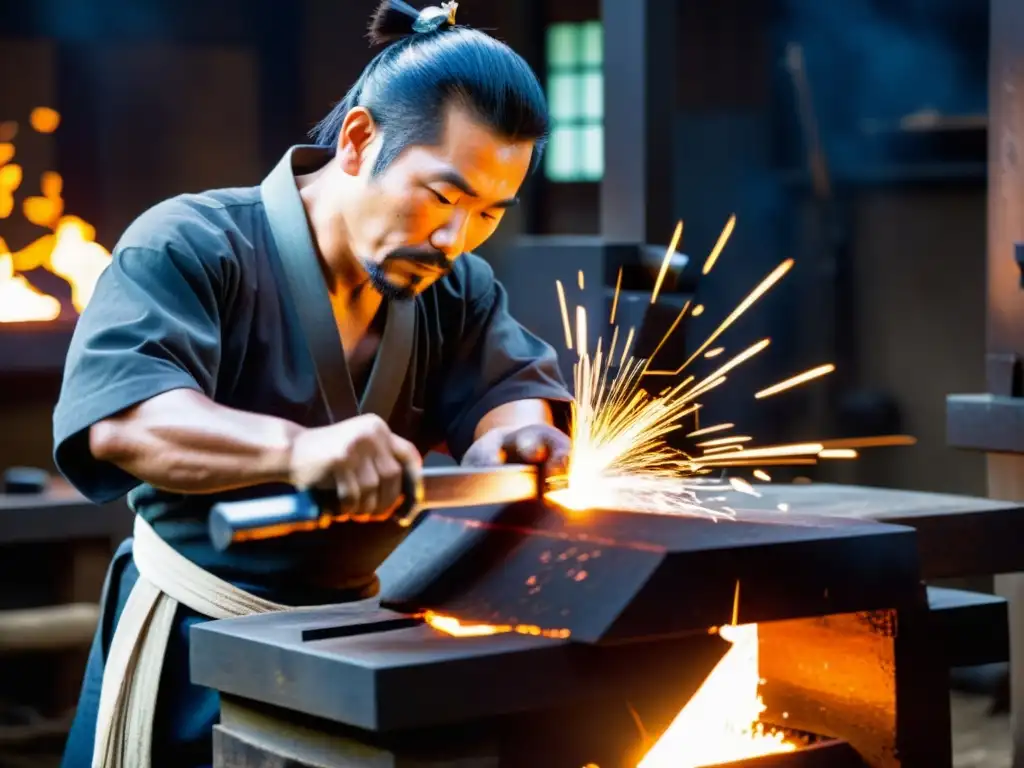 Un hábil herrero japonés forja una espada samurái con chispas volando, capturando la antigua técnica de creación