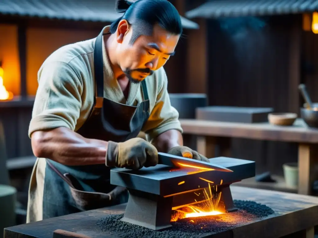 Un hábil herrero japonés forja una espada samurái con destreza milenaria