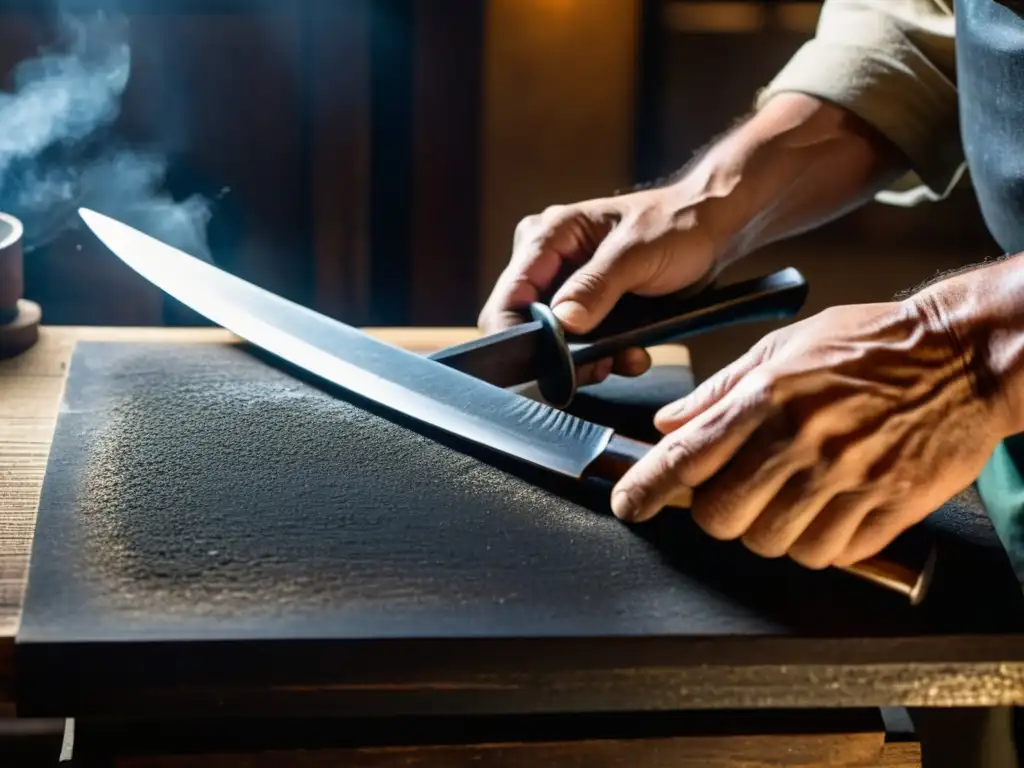 Un hábil herrero japonés forja con maestría una espada samurái, destacando la importancia de la espada samurái en la cultura japonesa