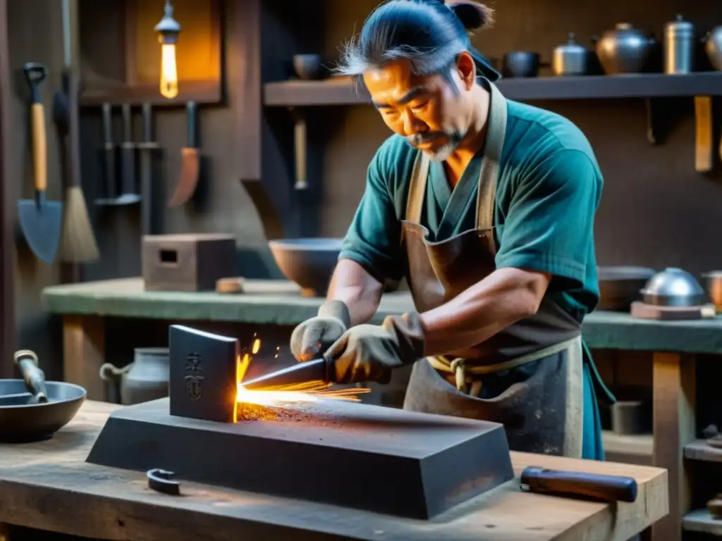 Arte ancestral: forja de espada samurái con maestría Un hábil herrero japonés forja una espada samurái en su taller, rodeado de herramientas antiguas