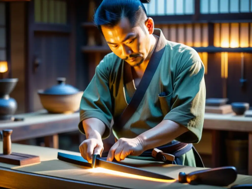 Un hábil herrero japonés forja una espada katana, rodeado de herramientas y elementos tradicionales