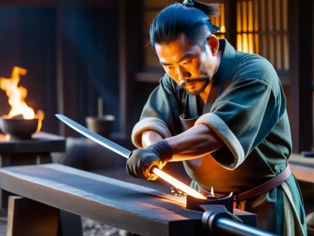 Un hábil herrero japonés forja una espada katana en un taller tradicional, creando una atmósfera auténtica y envolvente