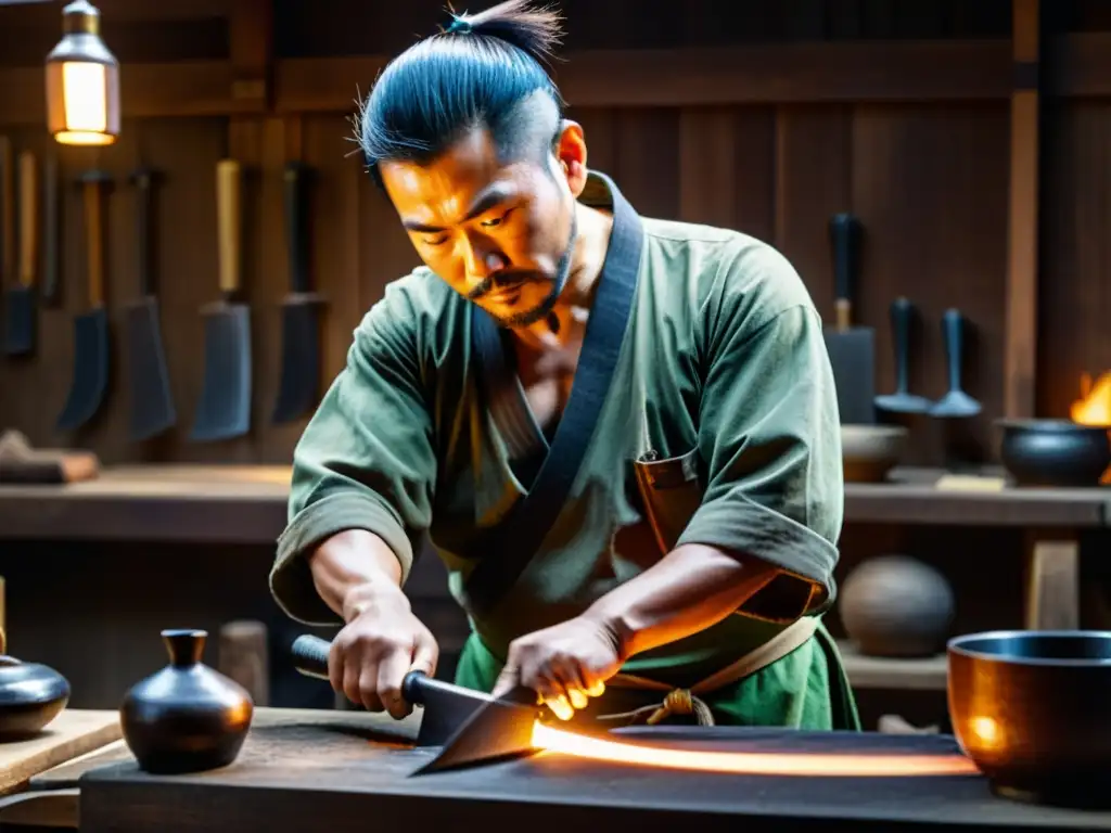 Un hábil herrero japonés forja una espada samurái en su taller, reflejando la historia del comercio de espadas samuráis con maestría centenaria