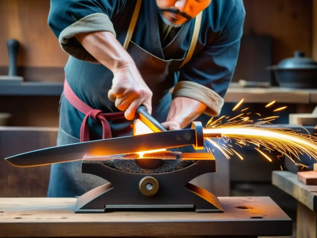 Un hábil herrero japonés forja una espada samurái con intensidad, en un taller tradicional