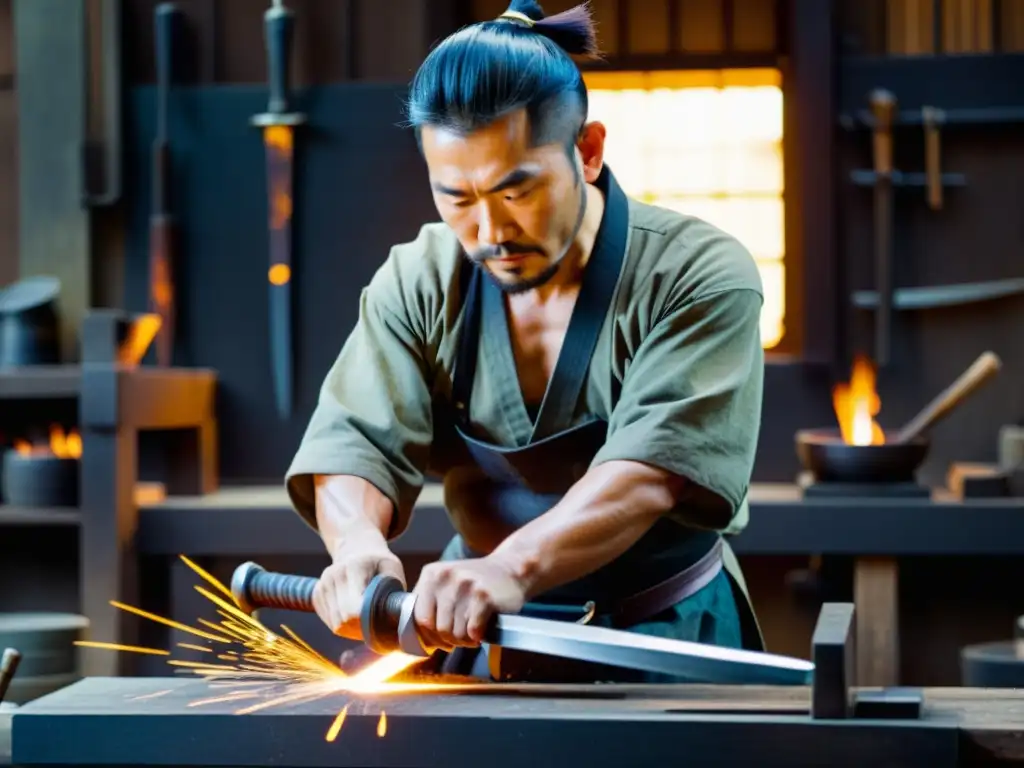 Un hábil herrero japonés forja una espada samurái rodeado de herramientas tradicionales