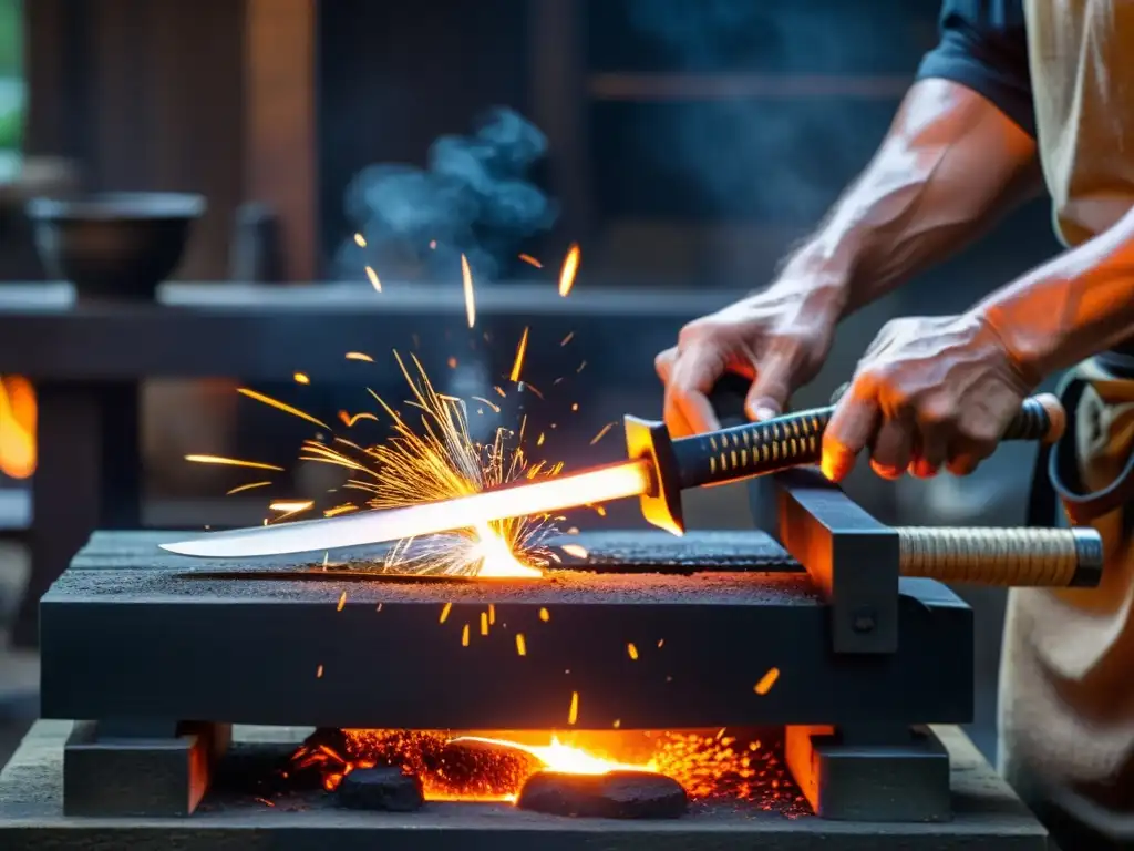 Un hábil herrero japonés forja una espada katana, con chispas y metal incandescente, mostrando las técnicas de fabricación de acero samurái