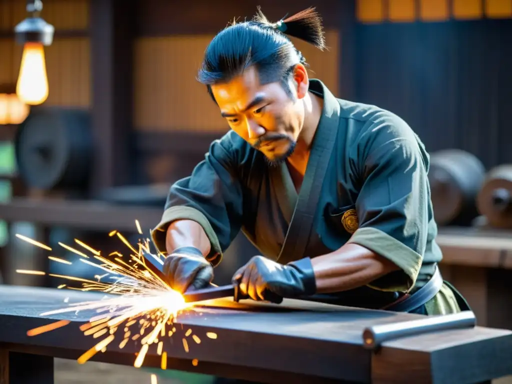 Un hábil herrero japonés, con expresión concentrada, forja con maestría una espada samurái, destacando las técnicas de fabricación acero samurái