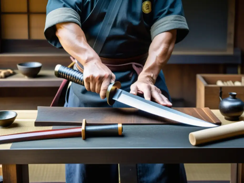 Un hábil herrero japonés forja con maestría una hoja de Wakizashi o Tanto, rodeado de herramientas tradicionales y materiales