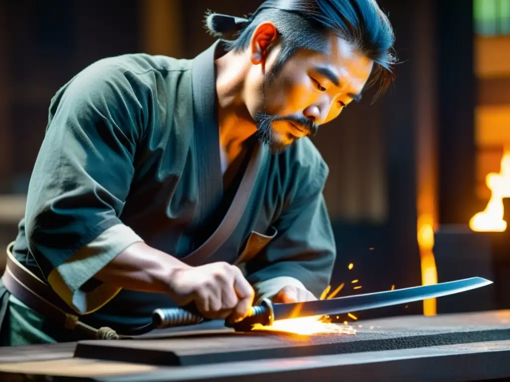 Un hábil herrero japonés forja una katana samurái en su taller, rodeado de la luz tenue del ambiente