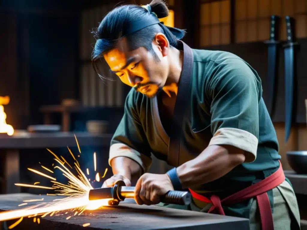 Un hábil herrero japonés forja con precisión un wakizashi y una katana, mostrando destreza y concentración en su taller