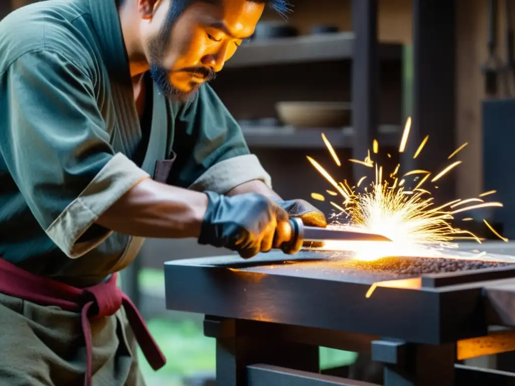 Un hábil herrero japonés forja con maestría una Wakizashi, transmitiendo el legado de la espada samurái en su taller