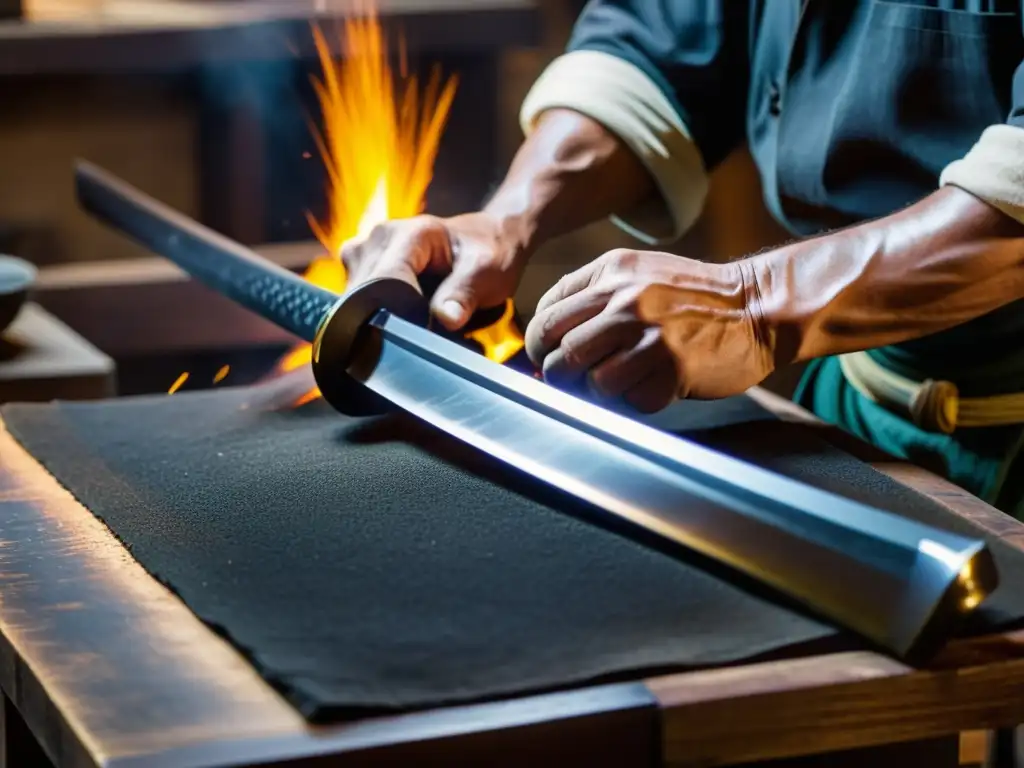 Un hábil herrero japonés desmontando mitos sobre la katana, forjando con devoción una espada legendaria, en un proceso de gran detalle y tradición