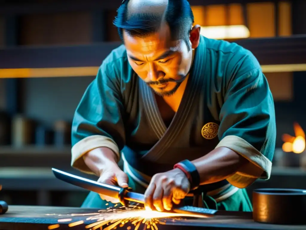 Un hábil herrero japonés forja con precisión una espada samurái, rodeado de herramientas tradicionales