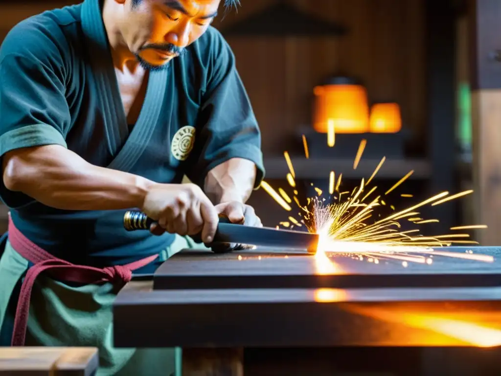 Un hábil herrero japonés forja con precisión una katana, con la intensa calor y chispas iluminando su concentración