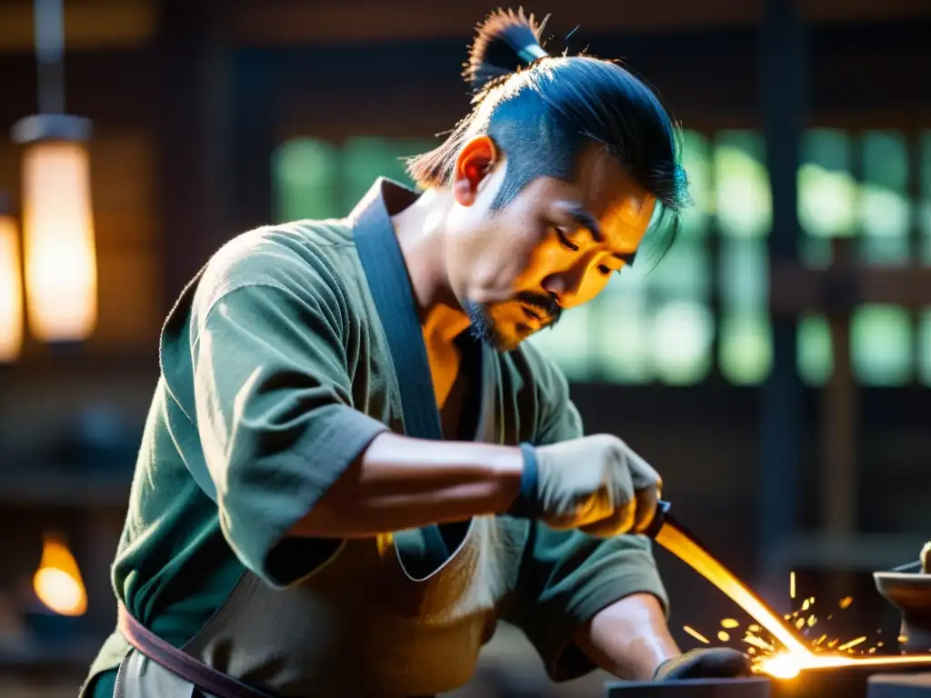 Un hábil herrero japonés forja con precisión una espada katana en un taller tenue, mostrando la antigua artesanía de las icónicas espadas samurái