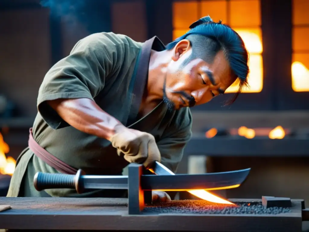 Un hábil herrero japonés forja con precisión una Naginata y una Katana Samurai, resaltando la artesanía y comparativa entre ambas armas